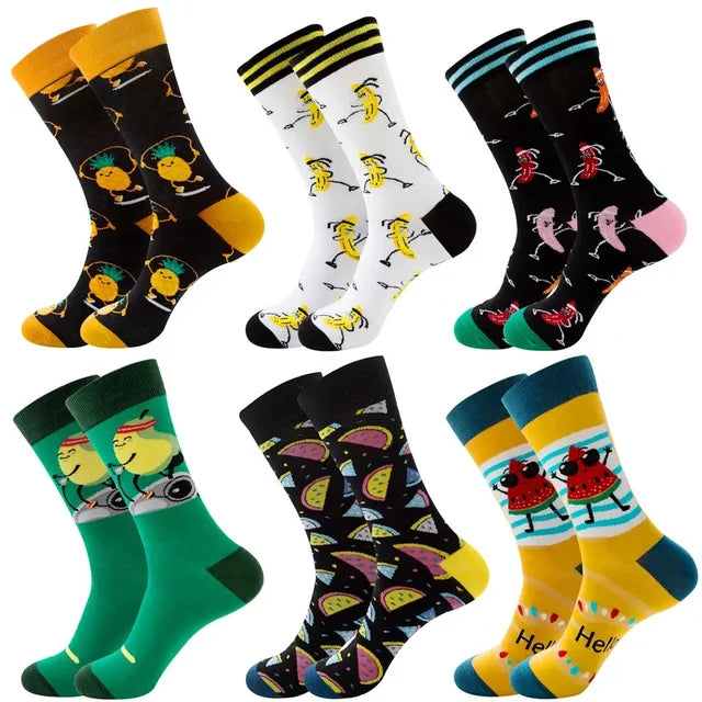 3 Pairs Lot Pack Men Women Couples Lover Socks New Arrival Rhombus Animal Christmas Cartoon Fruit Food Dot Cotton Happy Socks