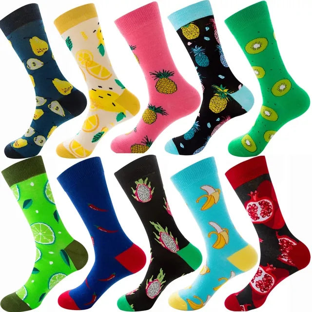 3 Pairs Lot Pack Men Women Couples Lover Socks New Arrival Rhombus Animal Christmas Cartoon Fruit Food Dot Cotton Happy Socks