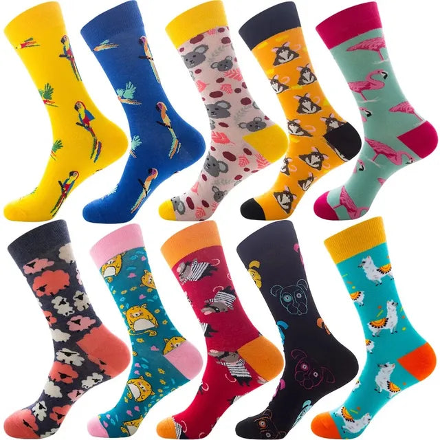 3 Pairs Lot Pack Men Women Couples Lover Socks New Arrival Rhombus Animal Christmas Cartoon Fruit Food Dot Cotton Happy Socks