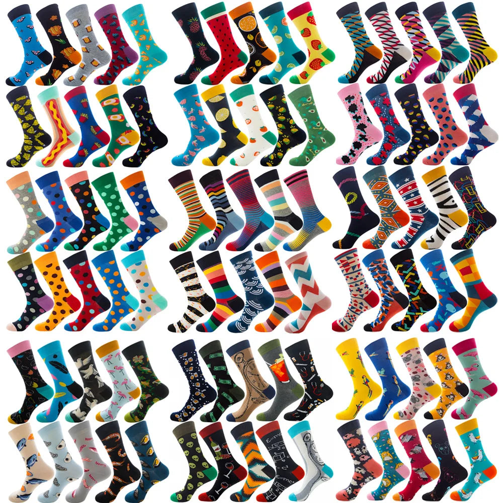 3 Pairs Lot Pack Men Women Couples Lover Socks New Arrival Rhombus Animal Christmas Cartoon Fruit Food Dot Cotton Happy Socks