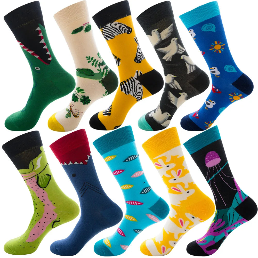 3 Pairs Lot Pack Men Women Couples Lover Socks New Arrival Rhombus Animal Christmas Cartoon Fruit Food Dot Cotton Happy Socks