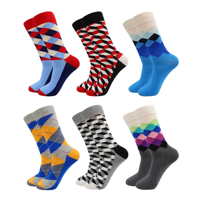 3 Pairs Colorful Cotton Casual Funny Stripe Grid Geometry Fun Dress Socks