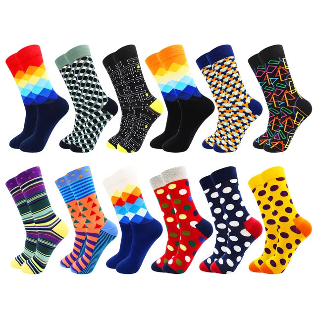 3 Pairs Colorful Cotton Casual Funny Stripe Grid Geometry Fun Dress Socks
