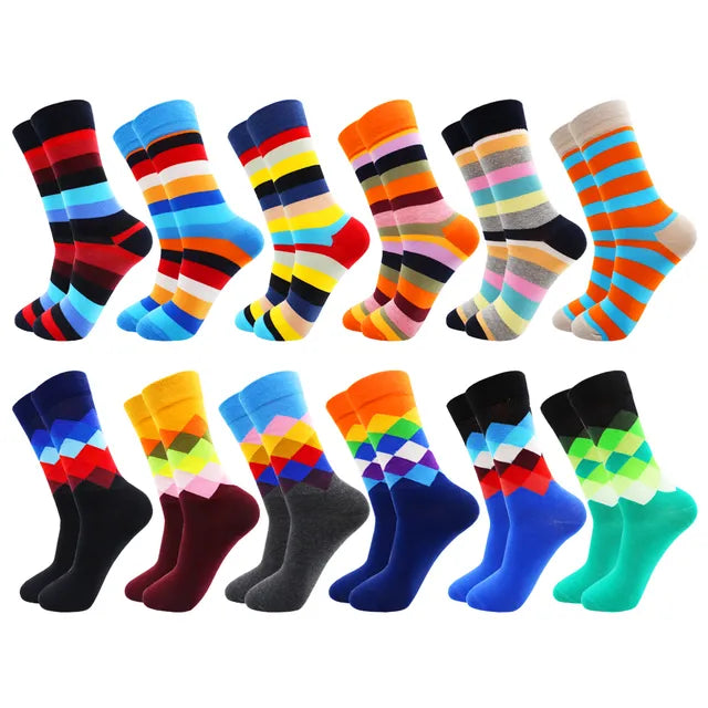3 Pairs Colorful Cotton Casual Funny Stripe Grid Geometry Fun Dress Socks
