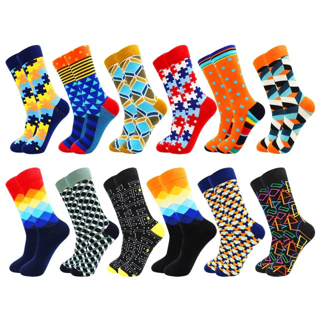 3 Pairs Colorful Cotton Casual Funny Stripe Grid Geometry Fun Dress Socks
