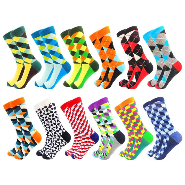 3 Pairs Colorful Cotton Casual Funny Stripe Grid Geometry Fun Dress Socks