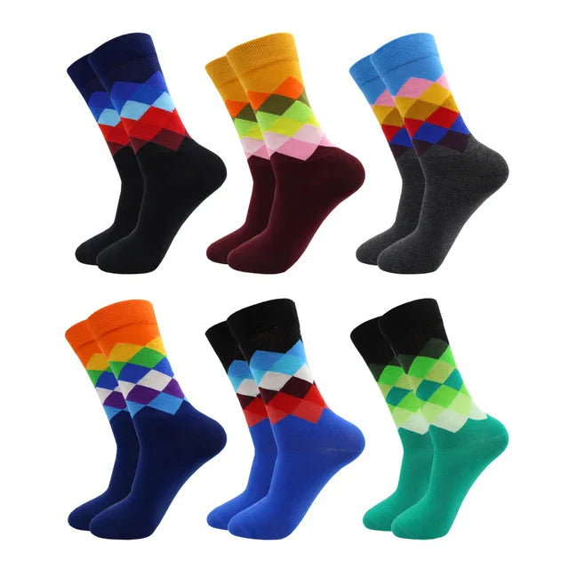 3 Pairs Colorful Cotton Casual Funny Stripe Grid Geometry Fun Dress Socks