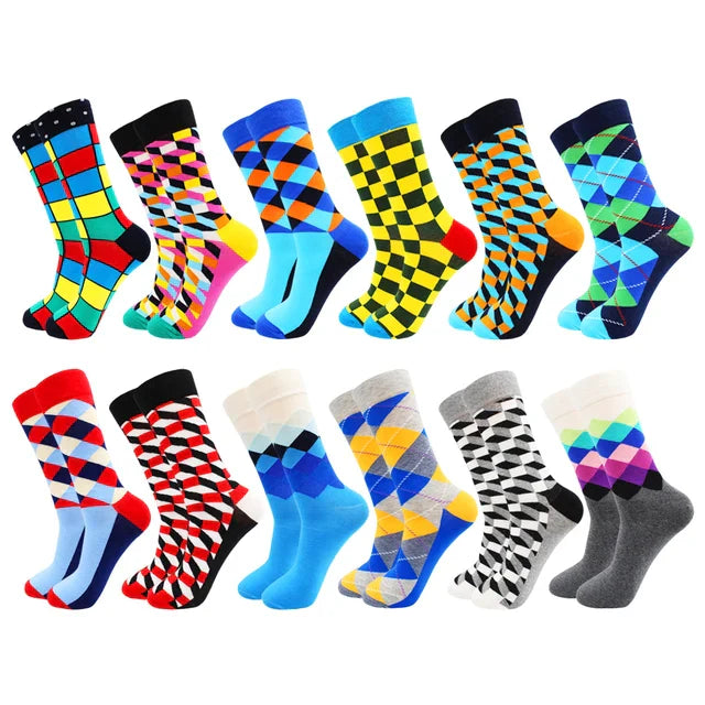 3 Pairs Colorful Cotton Casual Funny Stripe Grid Geometry Fun Dress Socks