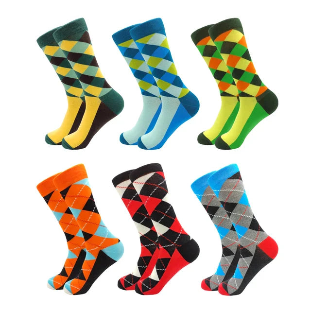3 Pairs Colorful Cotton Casual Funny Stripe Grid Geometry Fun Dress Socks