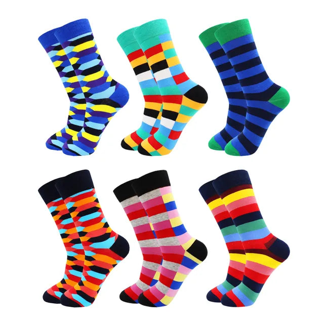 3 Pairs Colorful Cotton Casual Funny Stripe Grid Geometry Fun Dress Socks