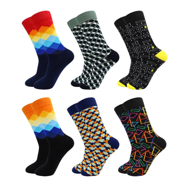 3 Pairs Colorful Cotton Casual Funny Stripe Grid Geometry Fun Dress Socks