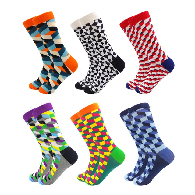 3 Pairs Colorful Cotton Casual Funny Stripe Grid Geometry Fun Dress Socks