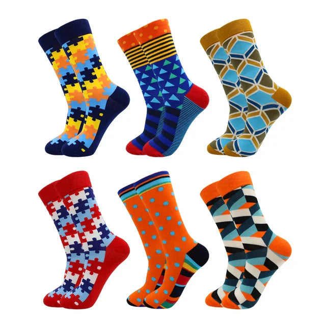 3 Pairs Colorful Cotton Casual Funny Stripe Grid Geometry Fun Dress Socks