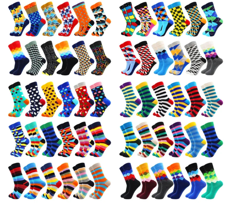 3 Pairs Colorful Cotton Casual Funny Stripe Grid Geometry Fun Dress Socks