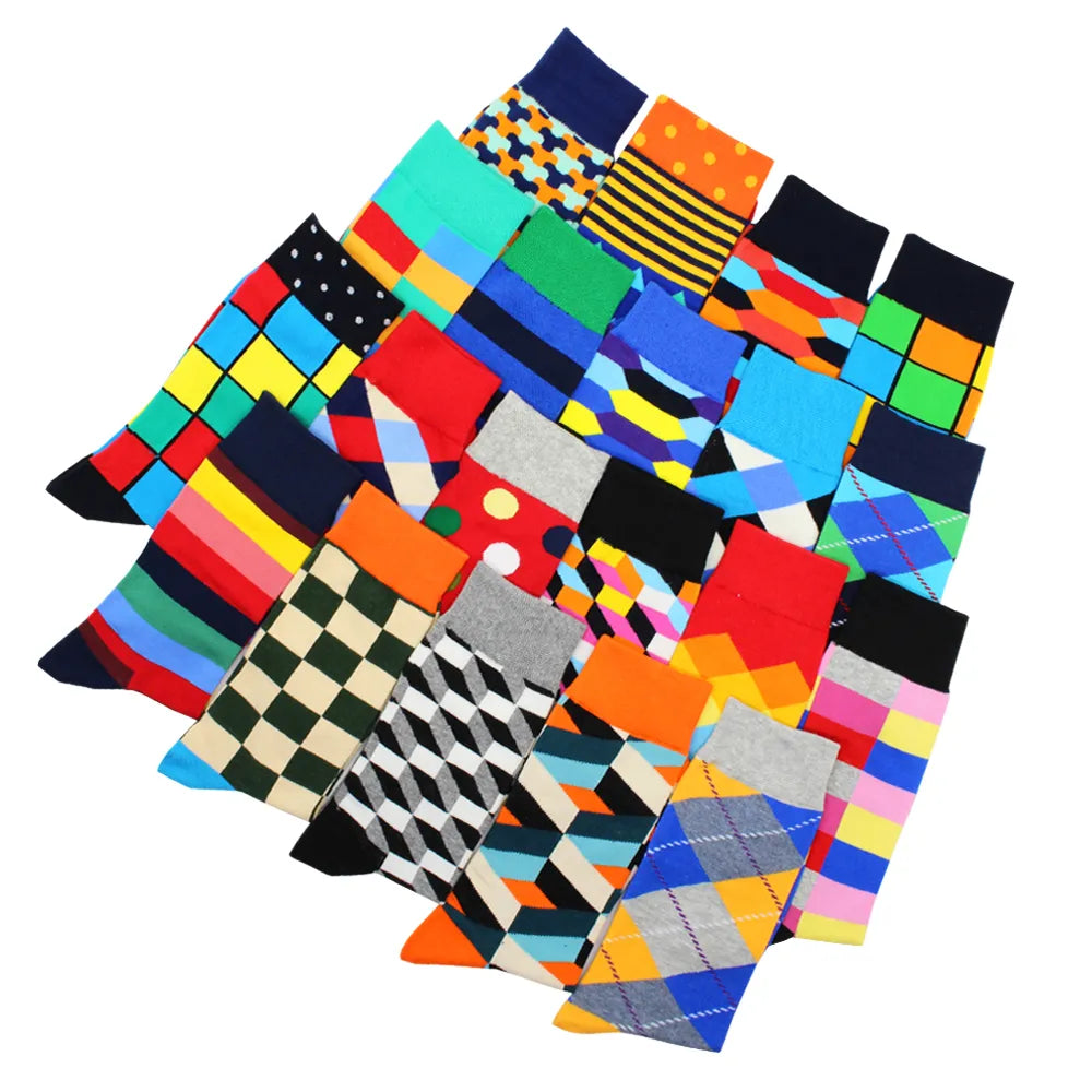 3 Pairs Colorful Cotton Casual Funny Stripe Grid Geometry Fun Dress Socks