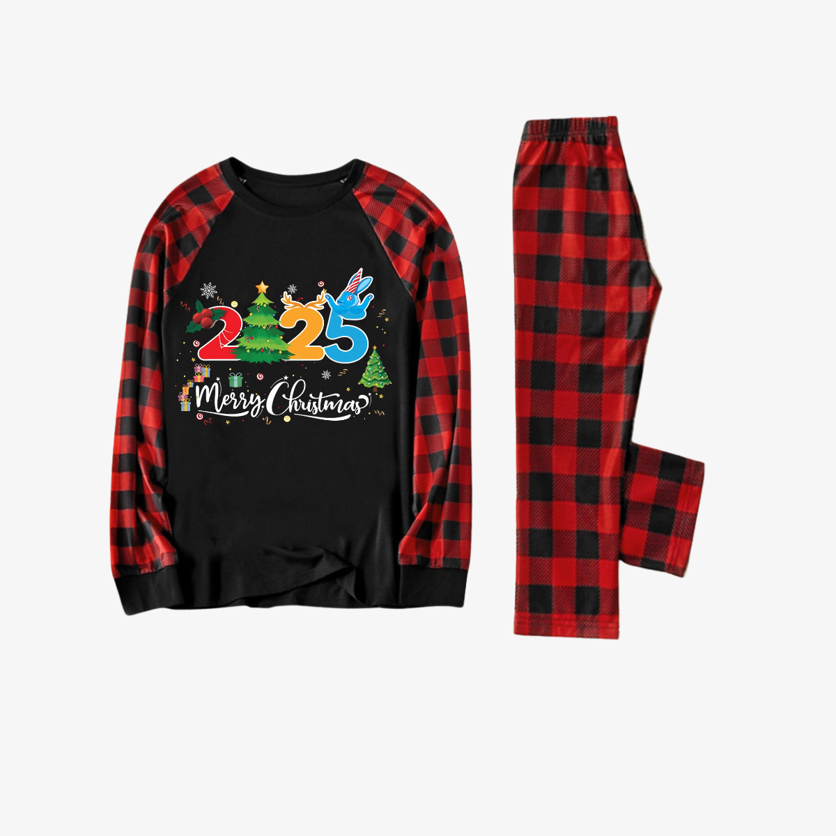 Red and Black Plaid Christmas Pajamas Set With "2025 Merry Christmas" Text Print