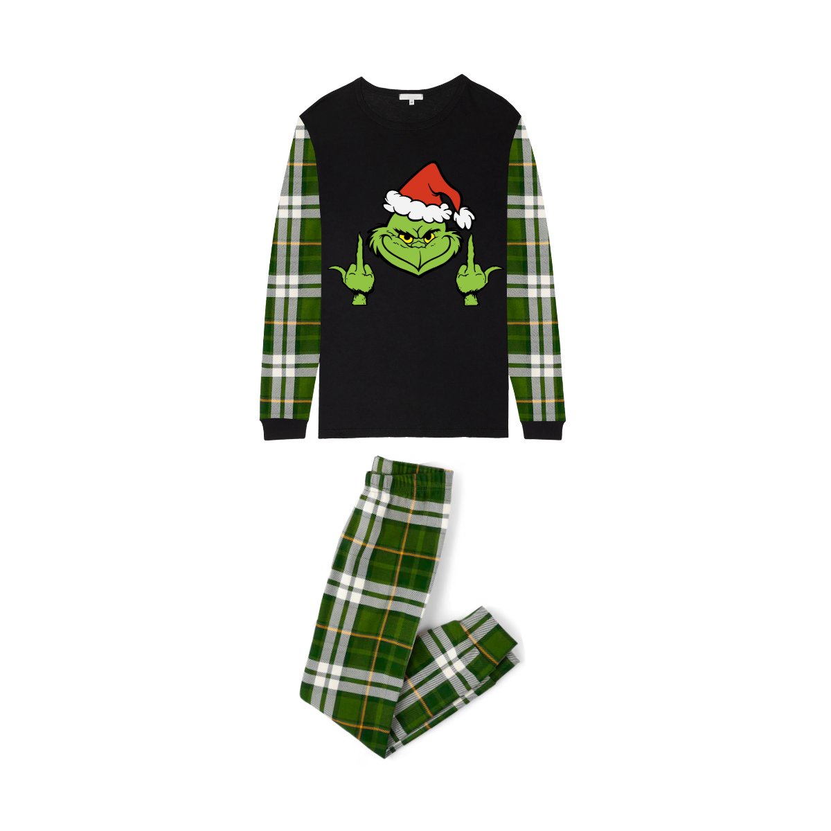 Grinch Santa Middle Finger Family Christmas Pajamas Black Top with Green Plaid Pants