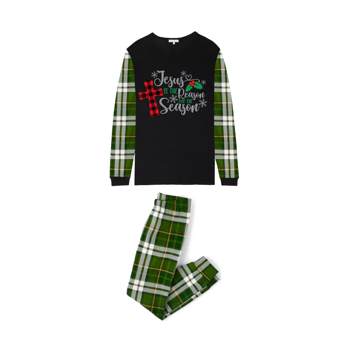 Jesus Is the Reason Family Christmas Pajamas Set Matching Black & Green Plaid