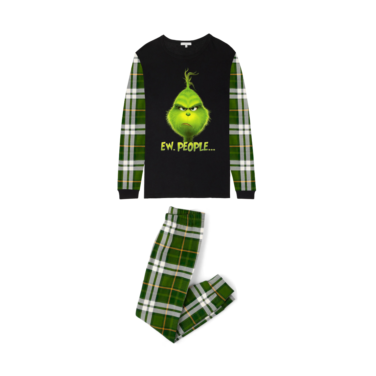 Grinch Ew, People?... Matching Family Christmas Pajamas- Black Tops & Green Plaid Pants
