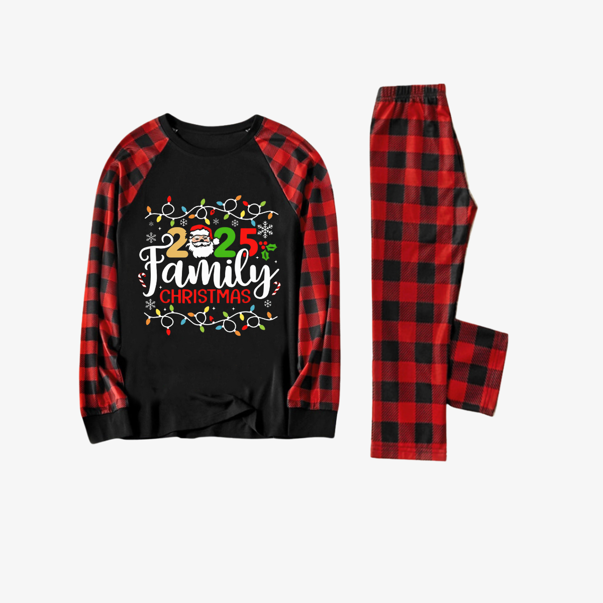 Red and Black Plaid Christmas Pajamas Set With Christmas Light and "2025 Family Christmas" Text Print