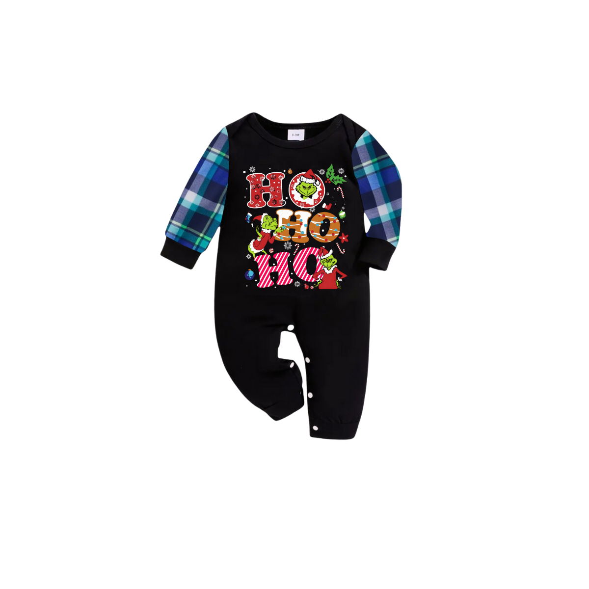 Blue and Green Plaid Christmas Pajamas Set With Grinch and "HO HO HO" Text Print