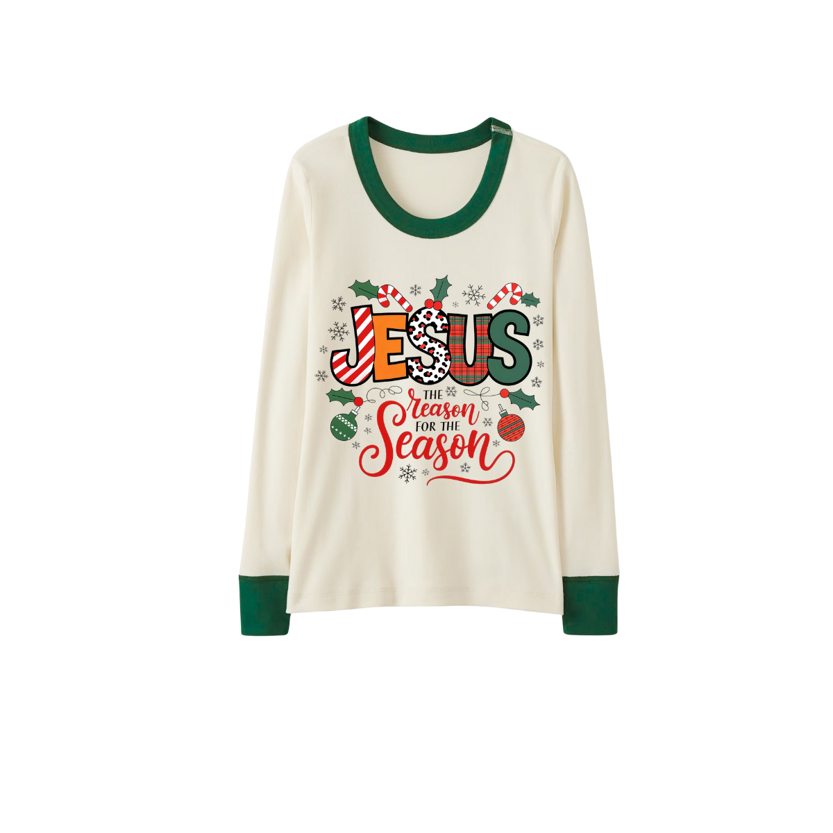 Green Cute Deer Print Christmas Pajamas Set With "Jesus is the Reason for the Season" Text Print