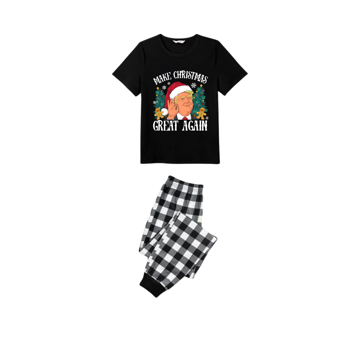 Merry Christmas Cartoon Family Pajamas Set - Black Top Black and White Plaid Pants Santa Hats Graphic