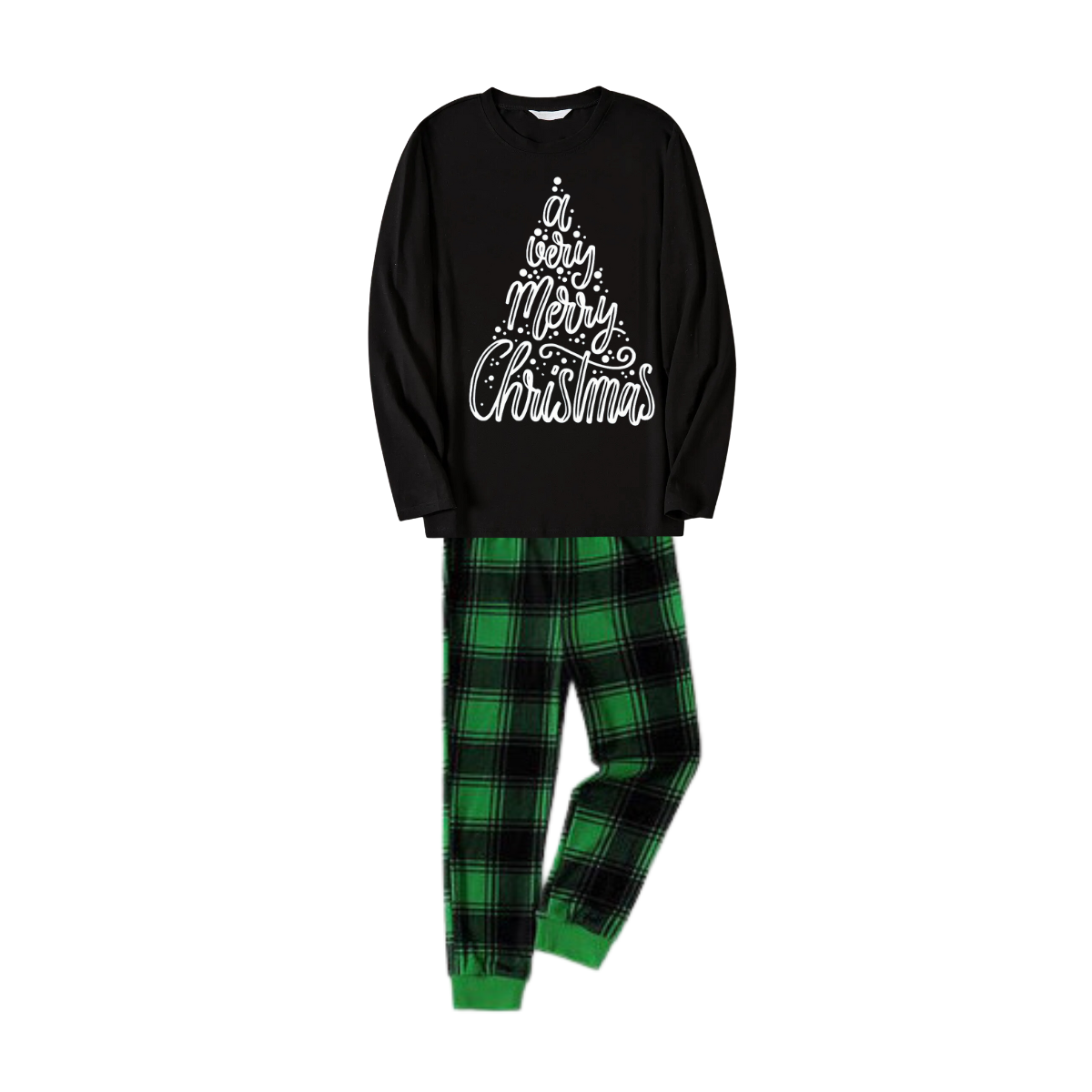 "A Very Merry Christmas" Black Long Sleeve Top with Black And Green Plaid Pants Family Matching Pajamas