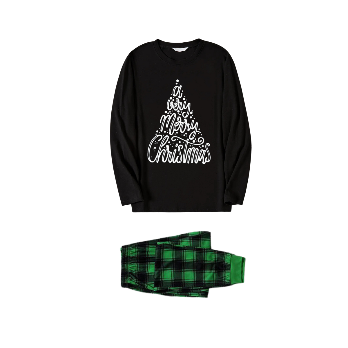 "A Very Merry Christmas" Black Long Sleeve Top with Black And Green Plaid Pants Family Matching Pajamas