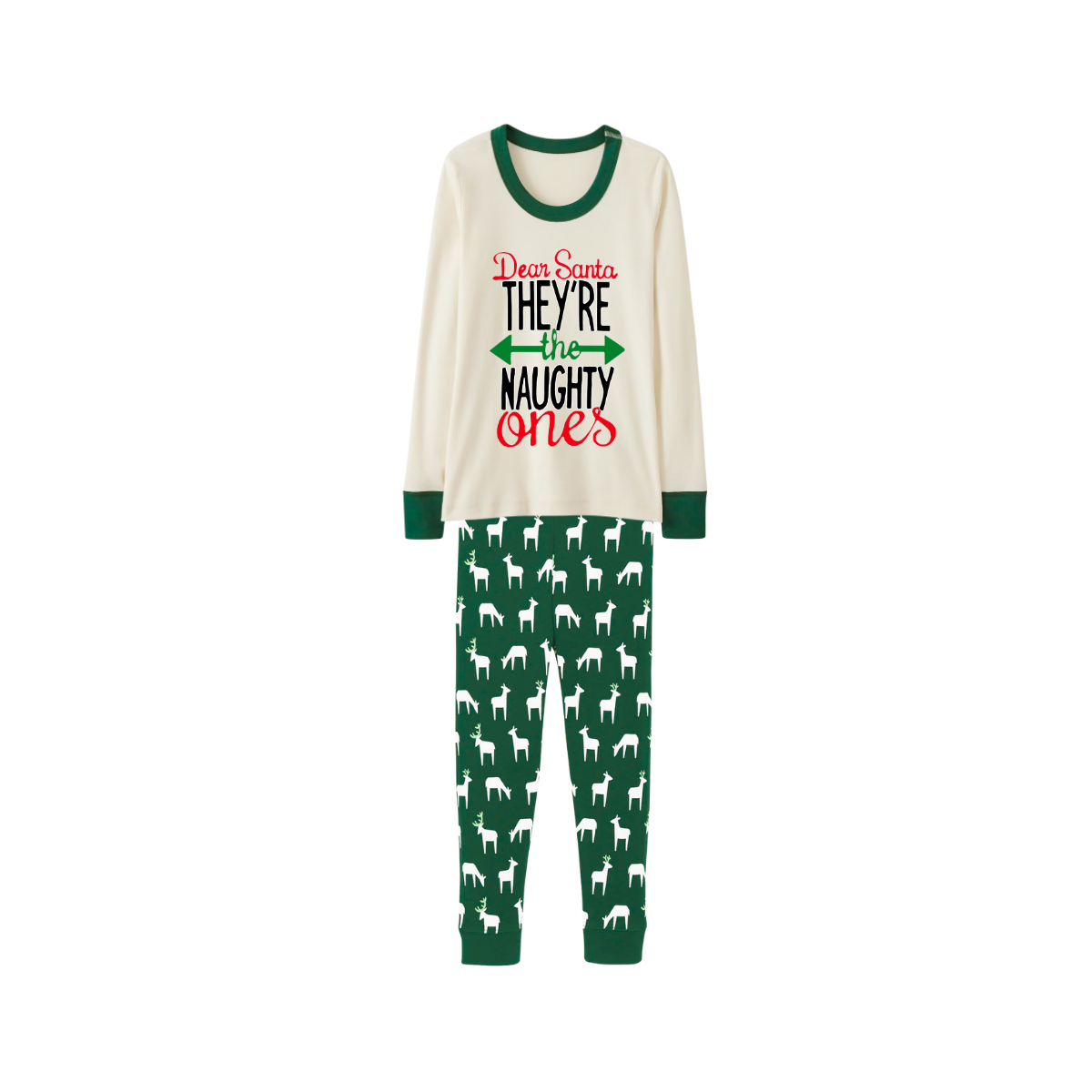Green Cute Deer Print Christmas Pajamas Set With "Dear Santa They're the Naughty Ones" Text Print