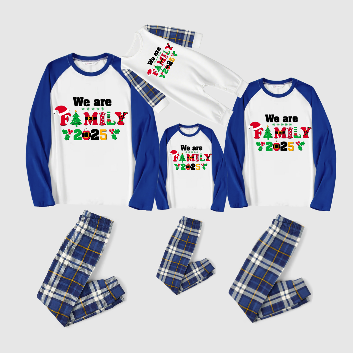 We Are Family 2025 Printed Blue White Plaid Contrast Sleeve Top And Plaid Pants Family Matching Christmas Pajamas Sets