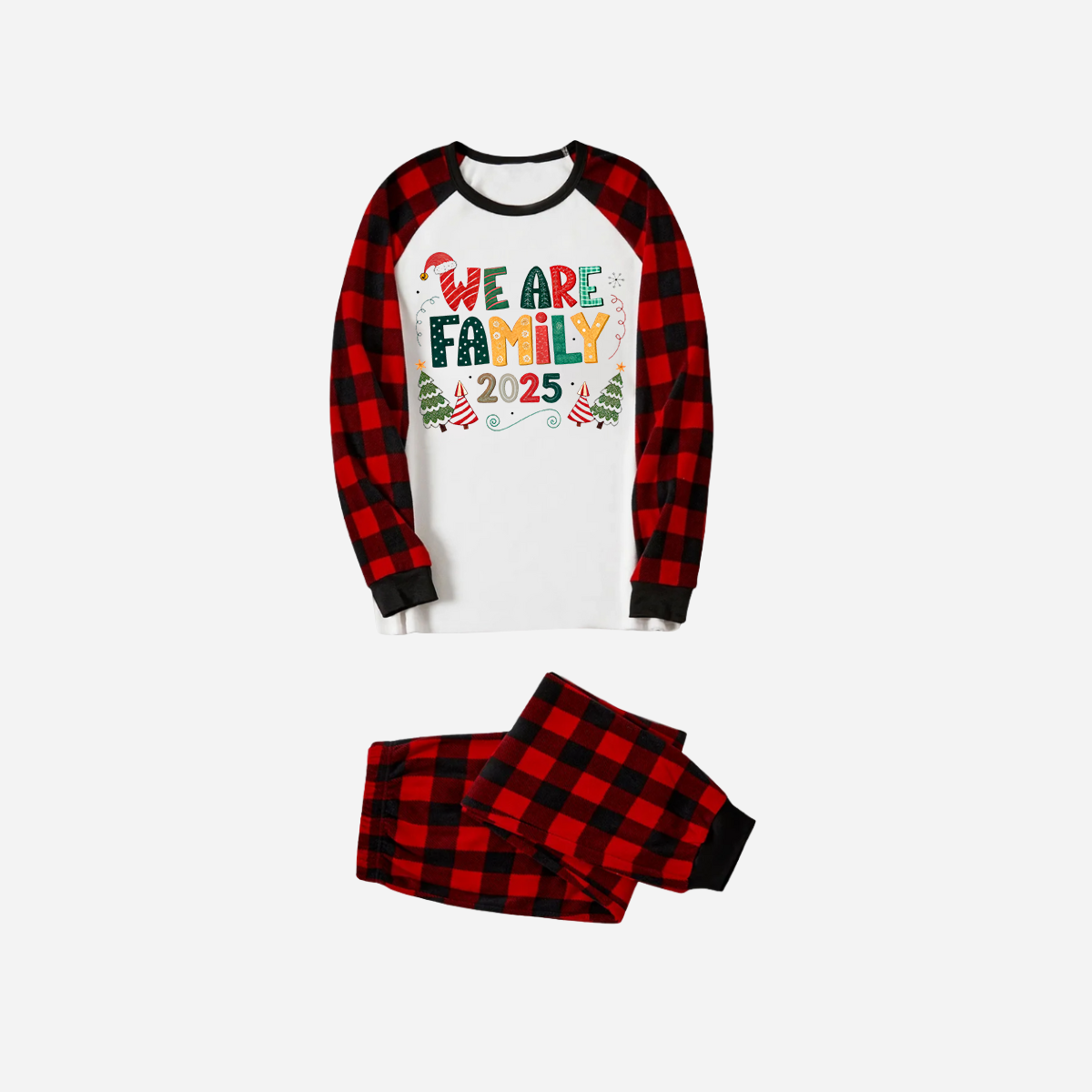 Red and Black Plaid Christmas Pajamas Set With "We are Family" Colorful Text Print