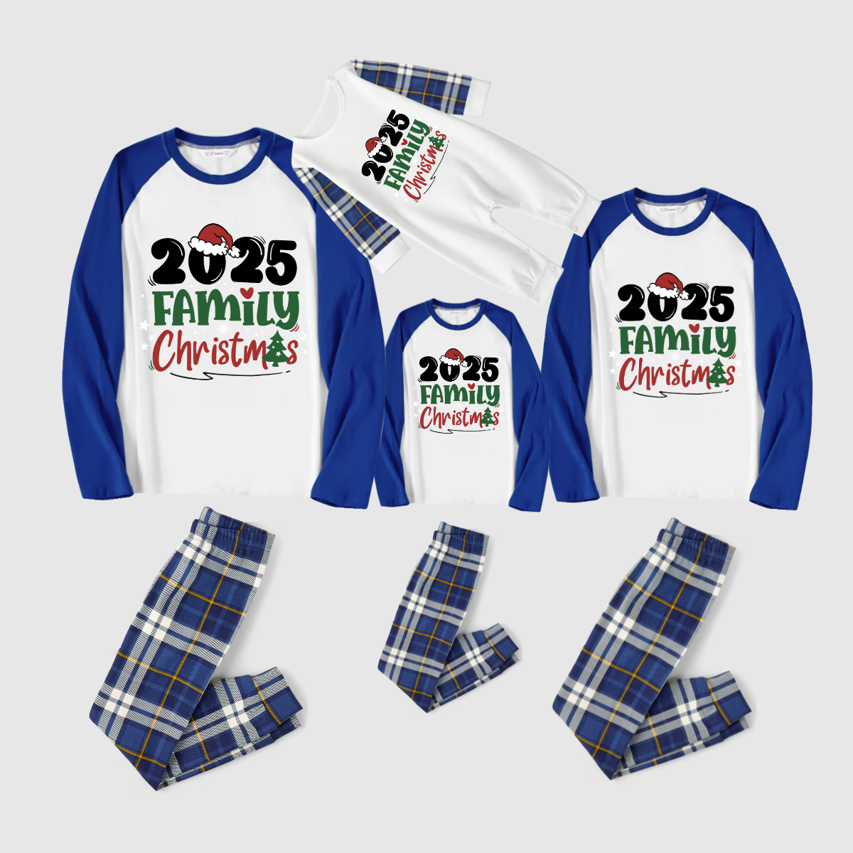 Merry Christmas 2025 Family Pajamas Set - White Top, Blue Plaid Pants, Solid Blue Sleeves, Santa Hat & Christmas Tree Print