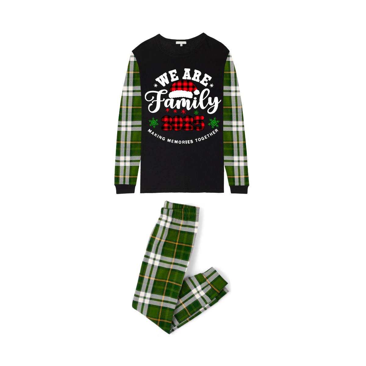 2025 We Are Family Christmas Family Pajamas Set - Black Top / Green Plaid Pants / Green Plaid Sleeves