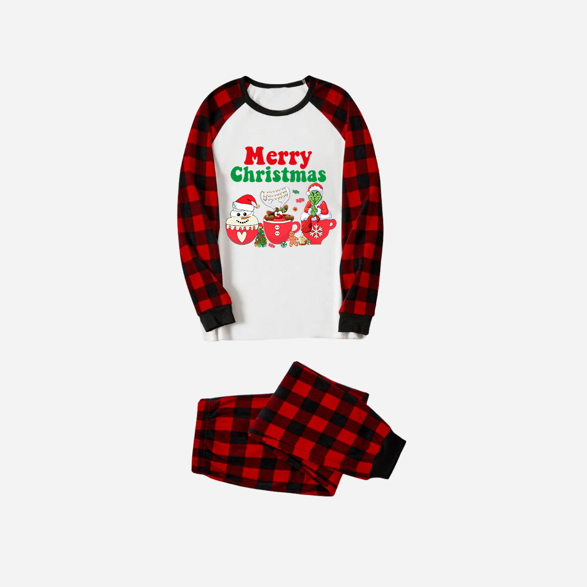 Red and Black Plaid Christmas Pajamas Set With "Merry Christmas" and Cartoon Pattern Print
