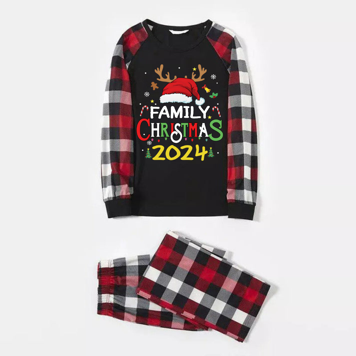 Family Christmas Shirts Santa Hat Christmas Deer Patterned and 'FAMILY CHRISTMAS 2024 ' Letter Print Contrast Tops and Red & Black & White Plaid Pants Family Matching Pajamas Set With Dog Bandana