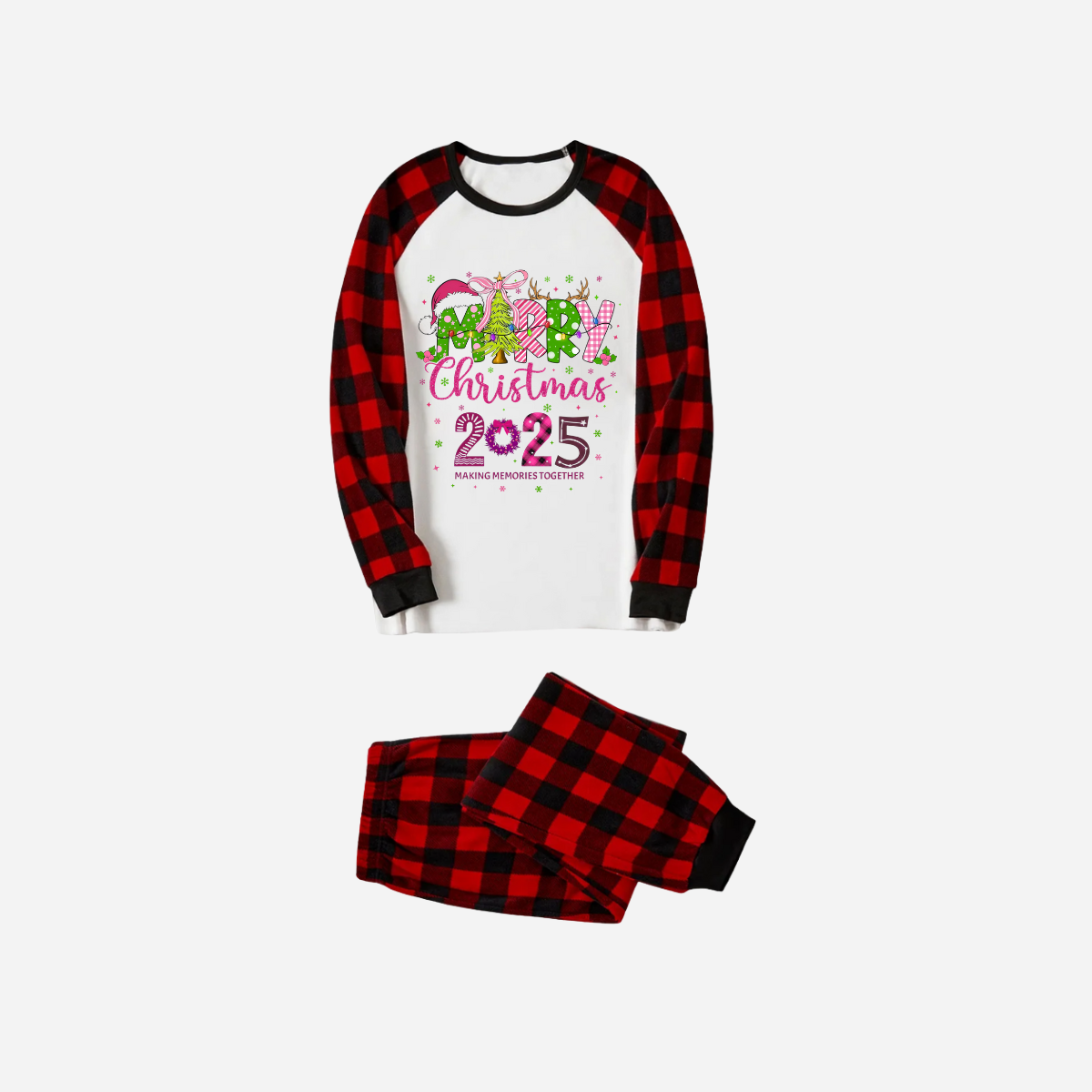 Merry Christmas 2025 Family Christmas Pajamas Set - White Top with Red Plaid Pants