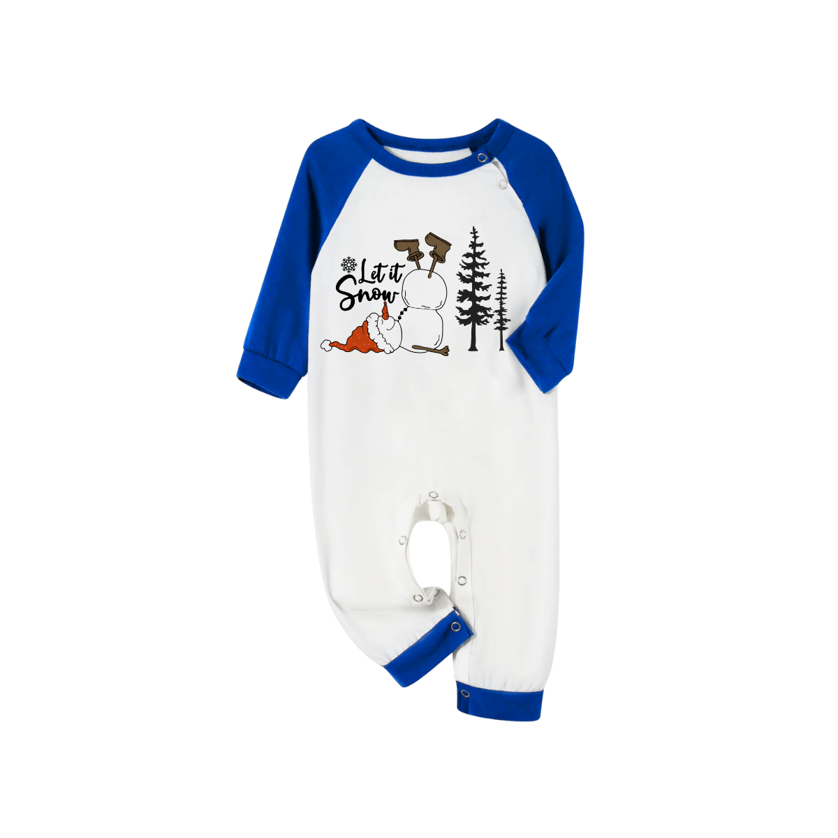 Let It Snow Family Pajamas Set - White Top Blue Sleeves Blue Plaid Pants Christmas Snowman Graphic