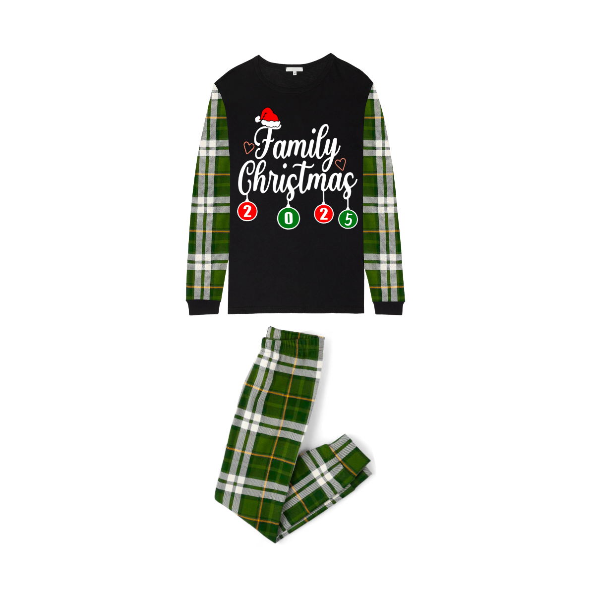 Family Christmas 2025 Pajamas Set - Black Top / Green Plaid Sleeves & Pants / Santa Hat Print