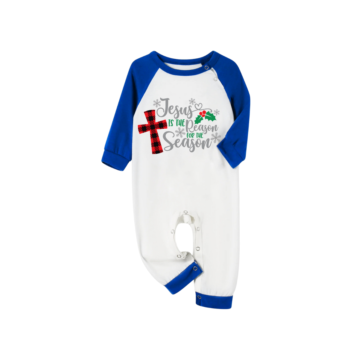 Jesus is the Reason Family Christmas Pajamas Set - White Top, Blue Plaid Pants, Blue Sleeves, Red Plaid Cross and Holly Print