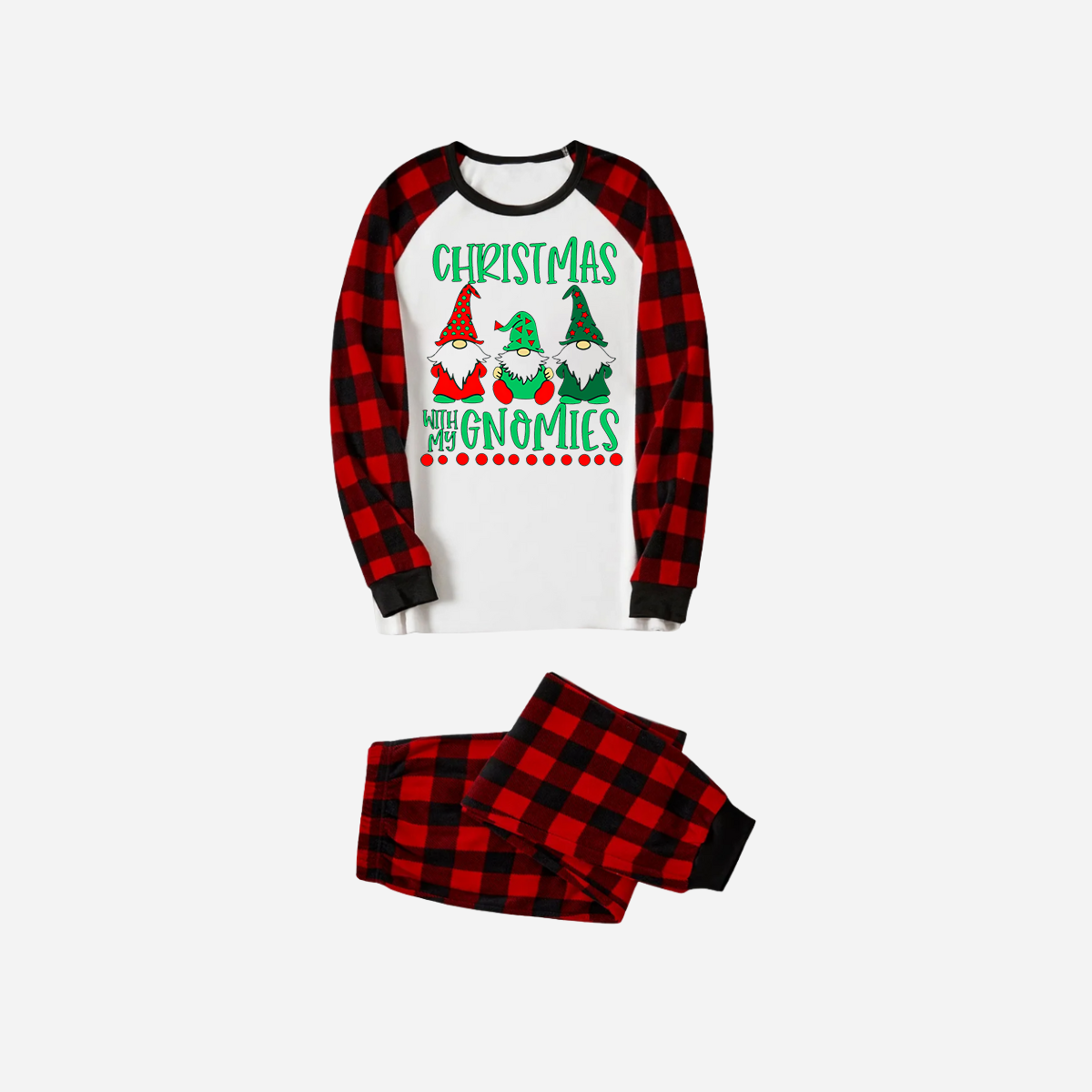 Red and Black Plaid Christmas Pajamas Set With "Christmas With My Gnomies" Text Print