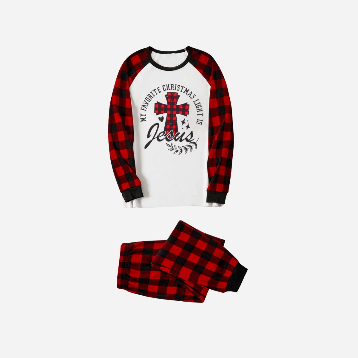 My Favorite Christmas Light Is Jesus Family Christmas Pajamas Set - White Top with Red Plaid Sleeves and Red Plaid Pants
