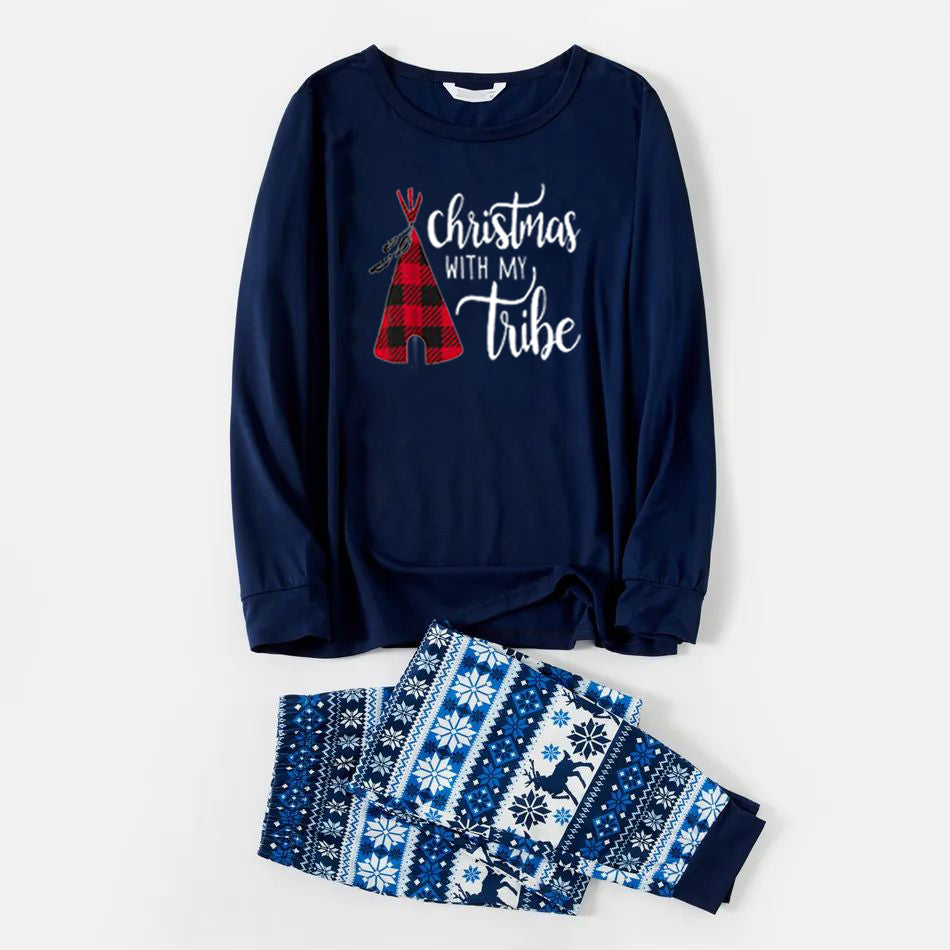 2025 Christmas Family Matching Sleepwear Pajamas Christmas Tent Print Blue Pajamas Set