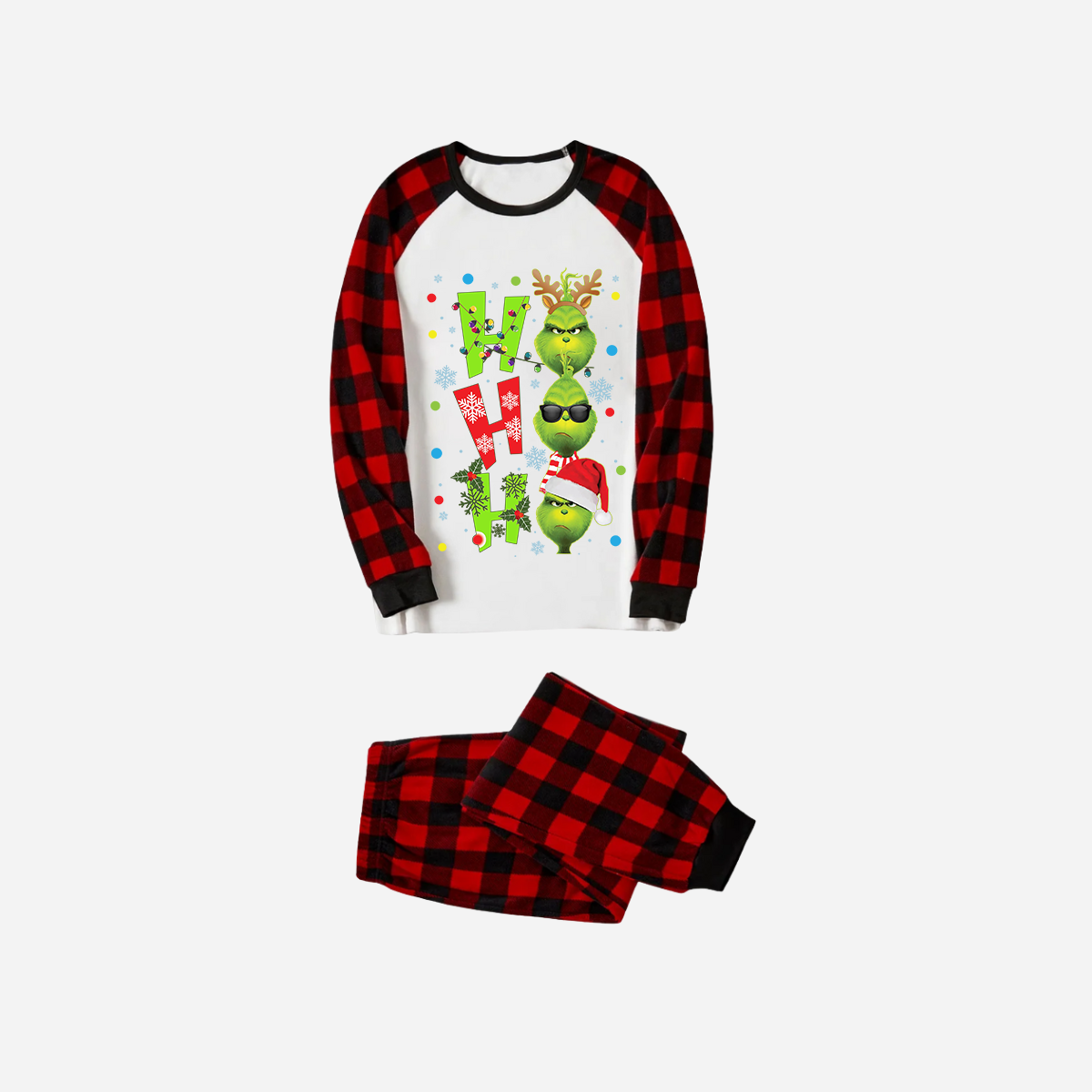 Red and Black Plaid Christmas Pajamas Set With "ho ho ho" and Christmas Grinch Print