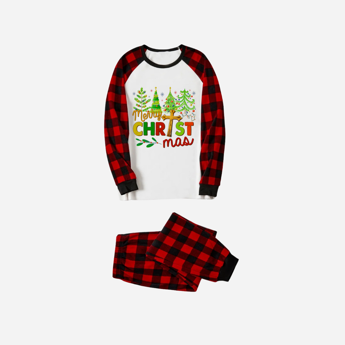 Merry Christmas Trees Family Christmas Pajamas Set - White Top with Red Plaid Sleeves and Red Plaid Pants