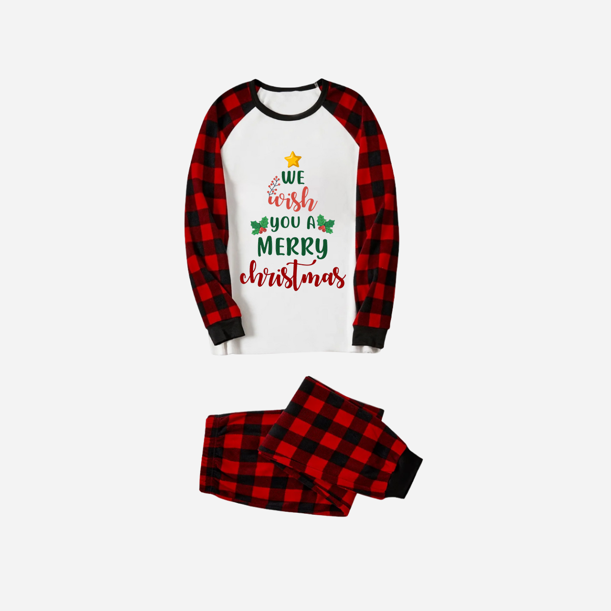Red and Black Plaid Christmas Pajamas Set With "We Wish You a Merry Christmas" Text Print