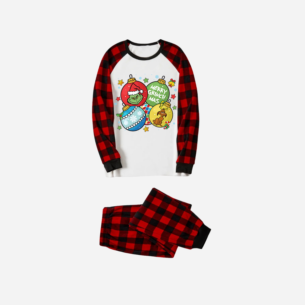 Red and Black Plaid Christmas Pajamas Set With Ball Ornaments and Grinch Print