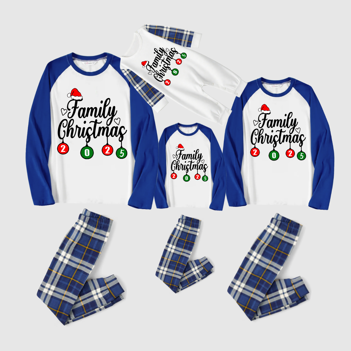 Family Christmas 2025 Pajamas Set - White Top / Green Buffalo Plaid
