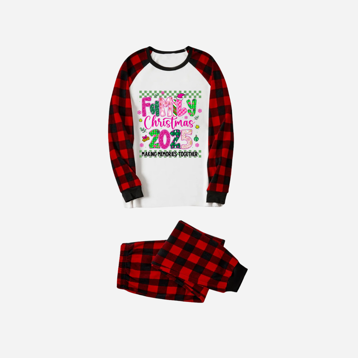 "Family Christmas 2025" Faux Glitter Black and Red Raglan Sleeves Christmas Pajamas Set