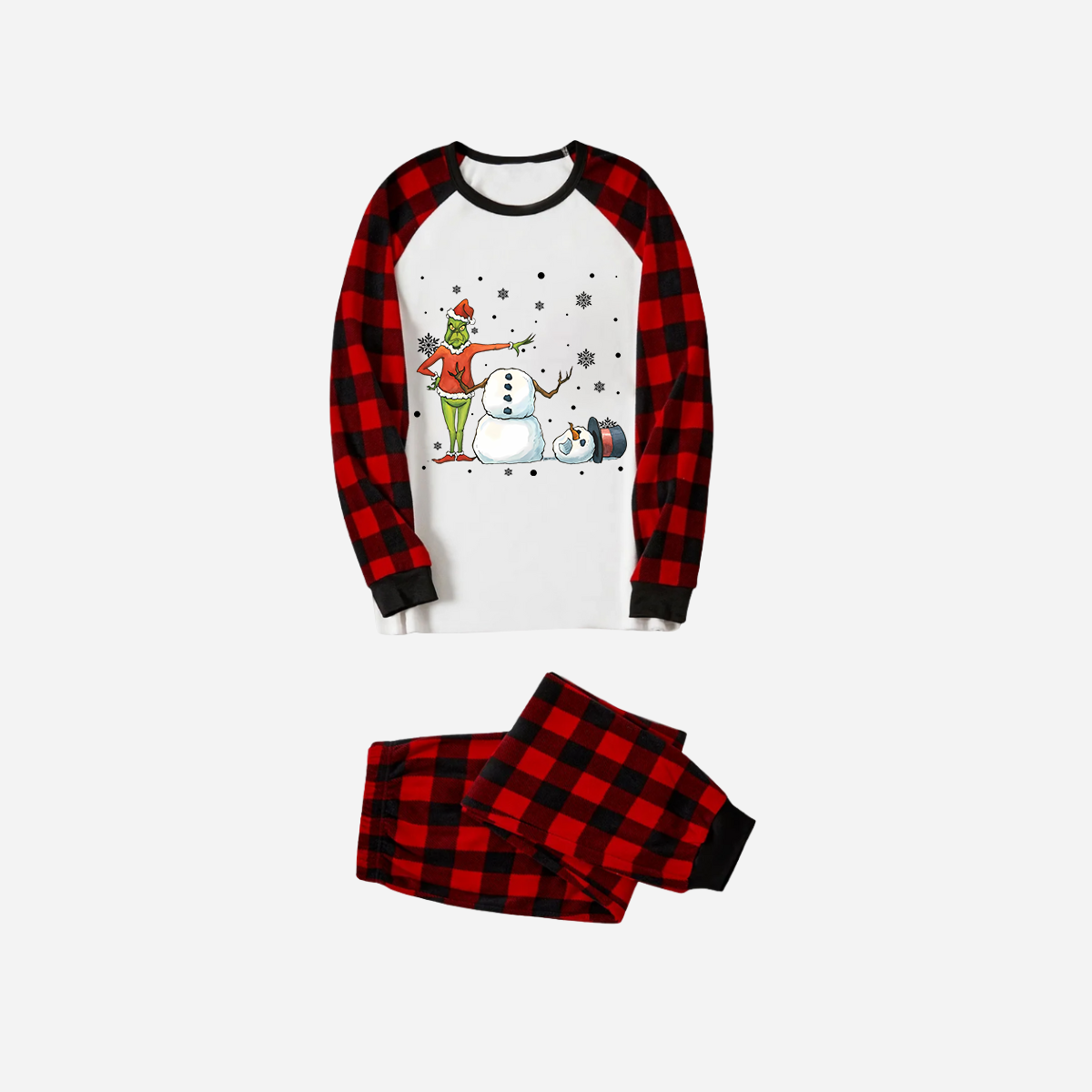 Red and Black Plaid Christmas Pajamas Set With Snowman and Christmas Grinch Print